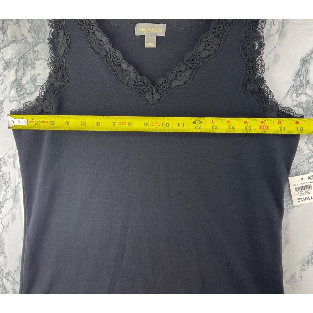 Style & Co. Womens Small Scallop Lace Trim Tank Top Deep Black - Picture 5 of 9